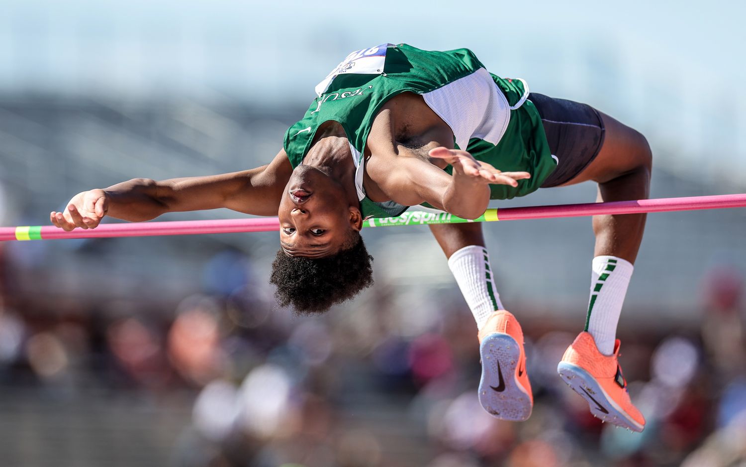 2022 UIL 1A, 6A Track and Field State Meet Jace Posey of Houston Strake Jesuit sets a UIL 6A State record in the High Jump with a jump of 7’4.25”!. Photo-Tommy Hays38
